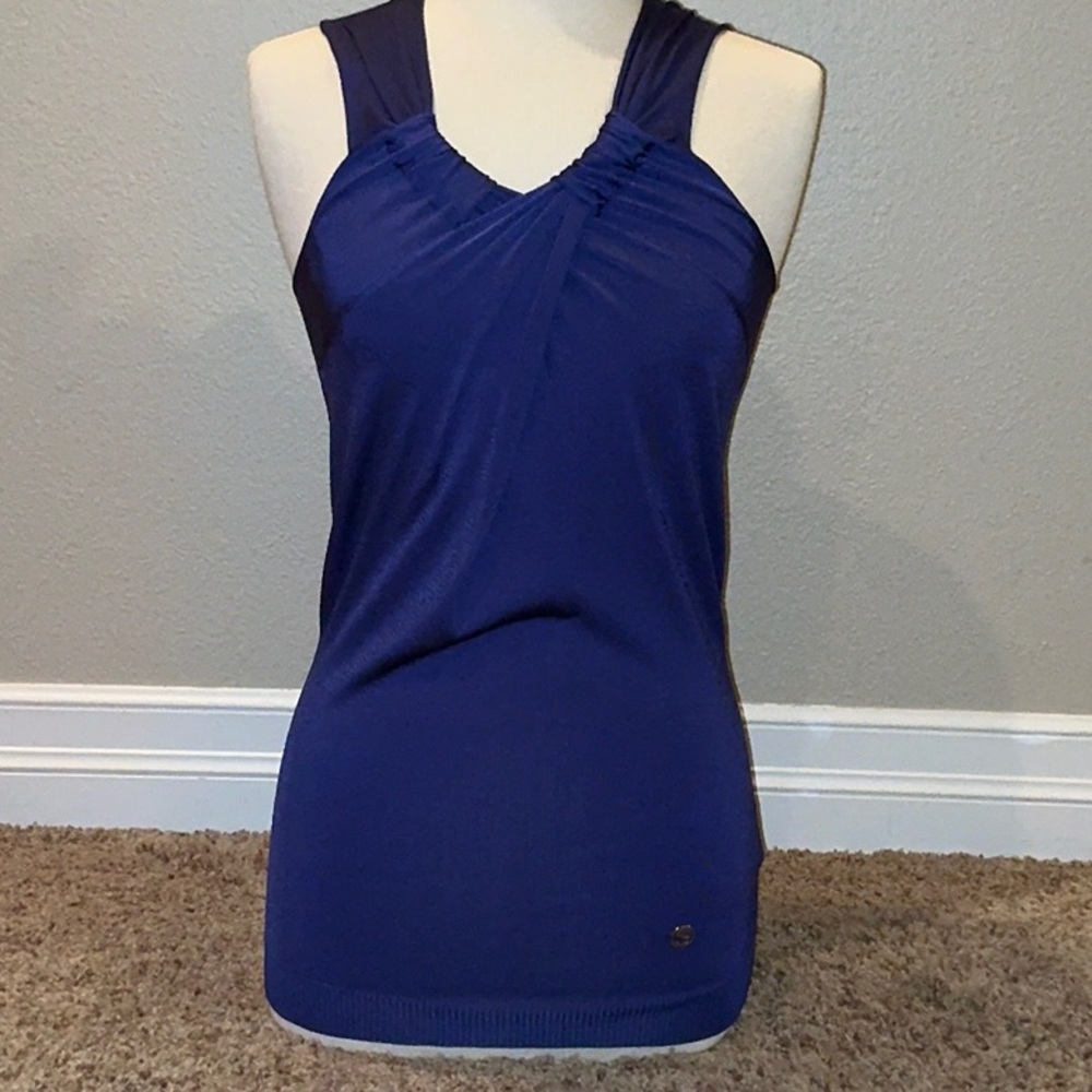 ✨GUCCI✨ Silky festive top in Periwinkle with detailed crossover neckline.